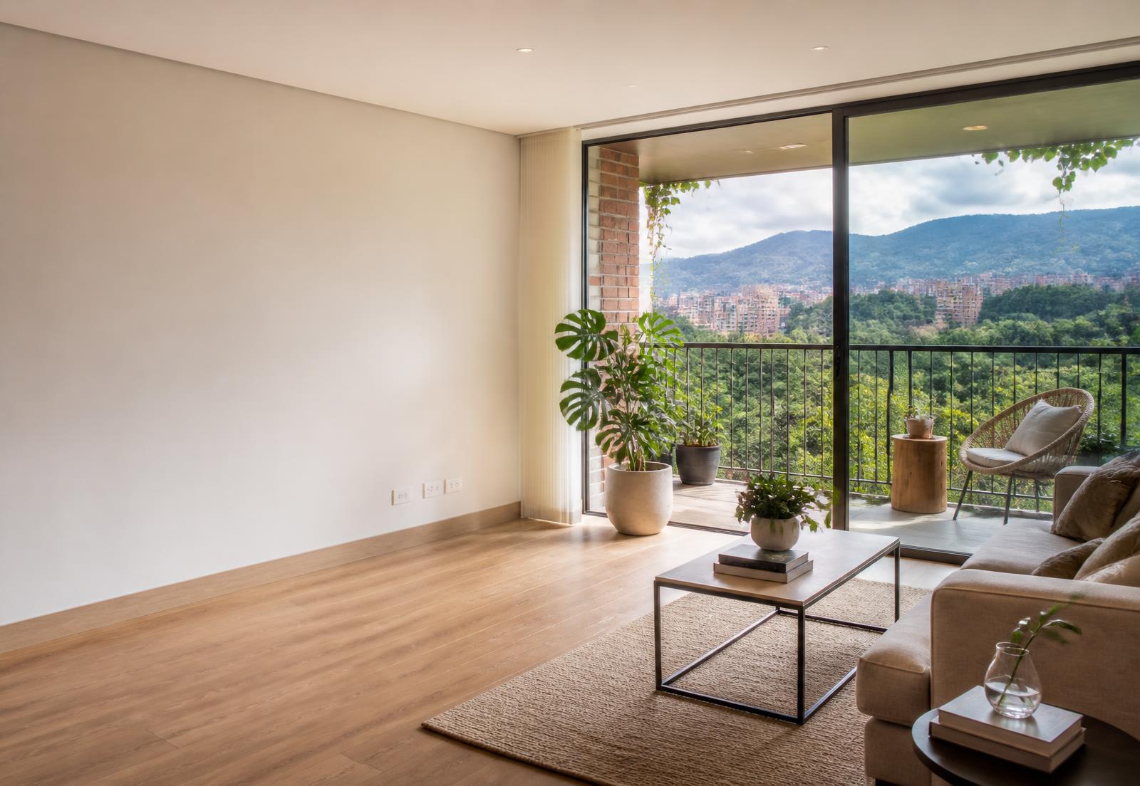 Sala de apartamento moderno con balcón y vista al valle